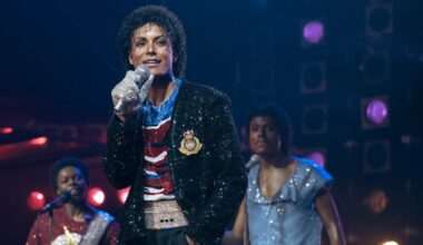 MICHAEL, from left: Rhyan Hill as Tito Jackson, Jaafar Jackson as Michael Jackson, Tre' Horton as Marlon Jackson, 2026. ph: Glen Wilson / © Lionsgate / Courtesy Everett Collection