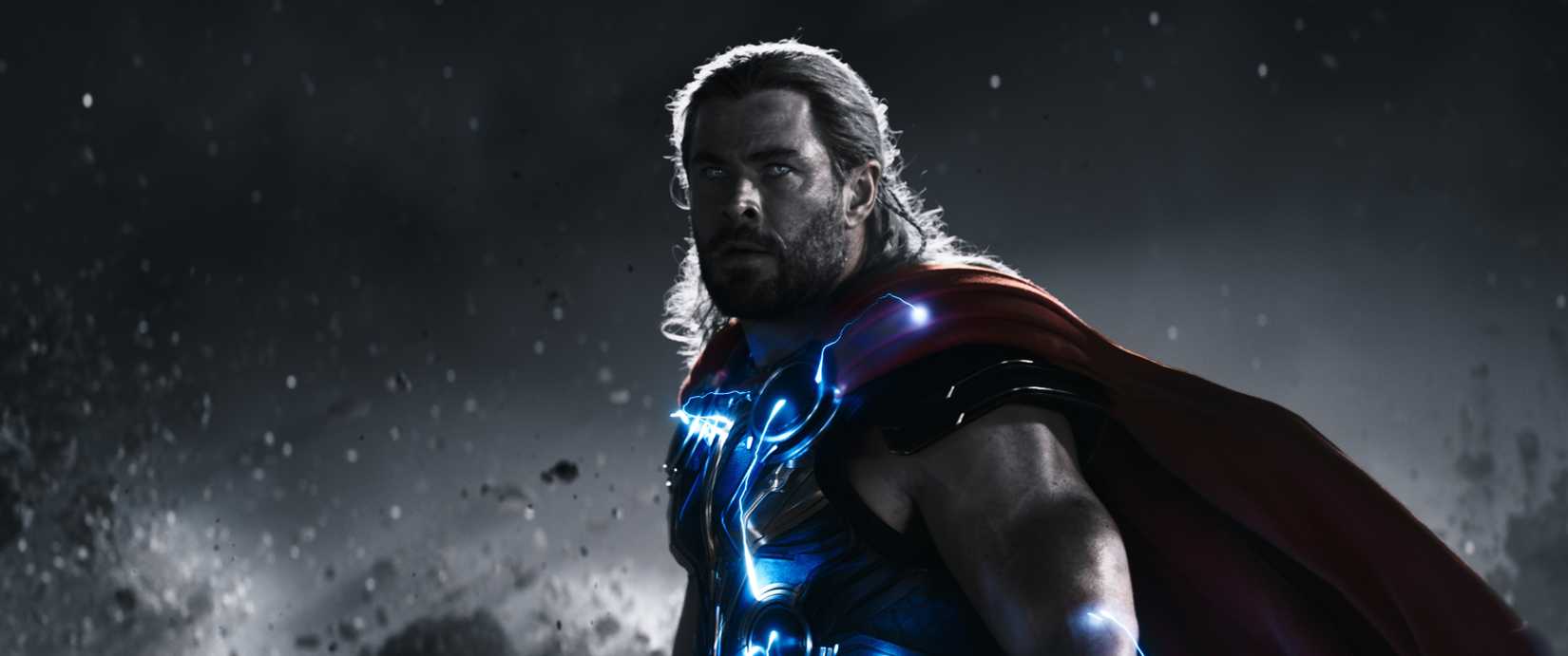Thor (Chris Hemsworth), all glowy-eyed and crackling with lightning, in Thor: Love and Thunder