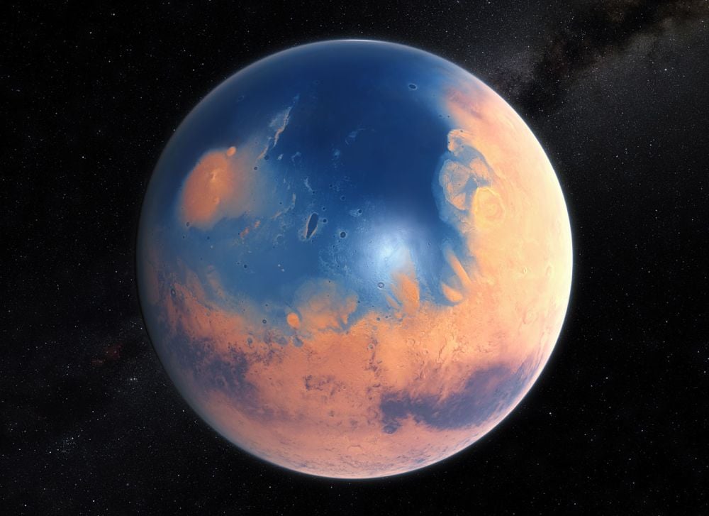This artist's illustration shows what Mars may have looked like billions of years ago when it had an ocean. It lost its ocean and its atmosphere, rendering it uninhabitable. The authors of new research describe it as on the edge of habitability, and say it can teach us a lot about the abundant rocky exoplanets we've discovered and their prospects for habitability. Image Credit: ESO/M. Kornmesser/N. Risinger (skysurvey.org)