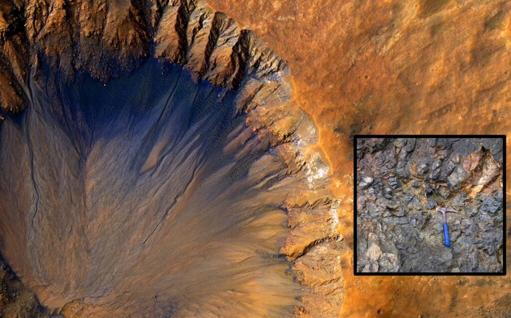 Impact crater, observed by NASA’s Mars Reconnaissance Orbiter in 2015, and rock outcrop corresponding to basalts from Gorgona