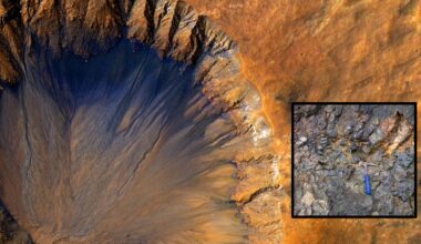 Impact crater, observed by NASA’s Mars Reconnaissance Orbiter in 2015, and rock outcrop corresponding to basalts from Gorgona