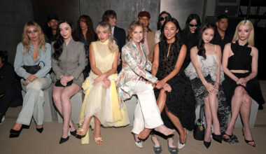 (L-R) Miley Cyrus, Mikey Madison, Sabrina Carpenter, Lauren Hutton, Greta Lee, Jisoo, and Anya Taylor-Joy attend the Dior Cruise 2027 at Los Angeles County Museum of Art on May 13, 2026 in Los Angeles, California.