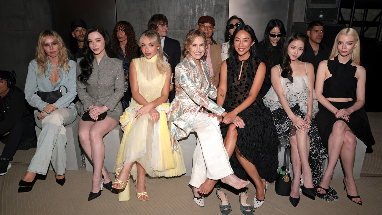 (L-R) Miley Cyrus, Mikey Madison, Sabrina Carpenter, Lauren Hutton, Greta Lee, Jisoo, and Anya Taylor-Joy attend the Dior Cruise 2027 at Los Angeles County Museum of Art on May 13, 2026 in Los Angeles, California.