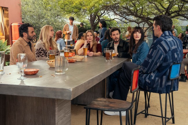 Nobody Wants This. (L to R) Arian Moayed as Andy, Justine Lupe as Morgan, Kristen Bell as Joanne, Adam Brody as Noah, Jackie Tohn as Esther, Timothy Simons as Sasha in episode 209 of Nobody Wants This. Cr. Erin Simkin/Netflix © 2025