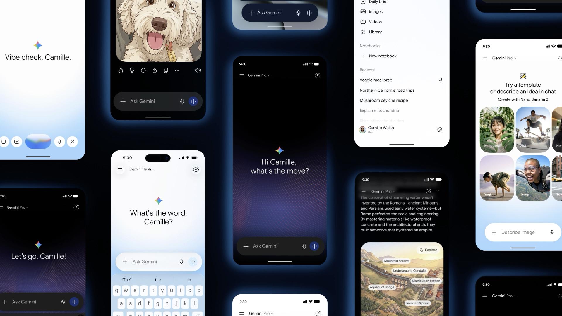 Screenshots of Google’s Gemini app with the Neural Expressive design language.