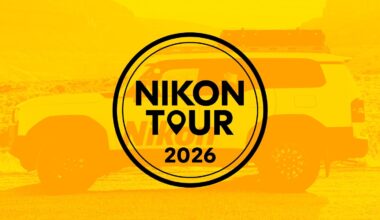 A yellow-tinted image of an SUV in the background with a circular logo in the center that reads "Nikon Tour 2026.