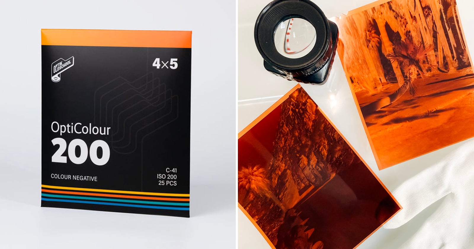 A box of OptiColour 200 4x5 color negative film is on the left. On the right, two developed film negatives and a camera lens are placed on a white surface.