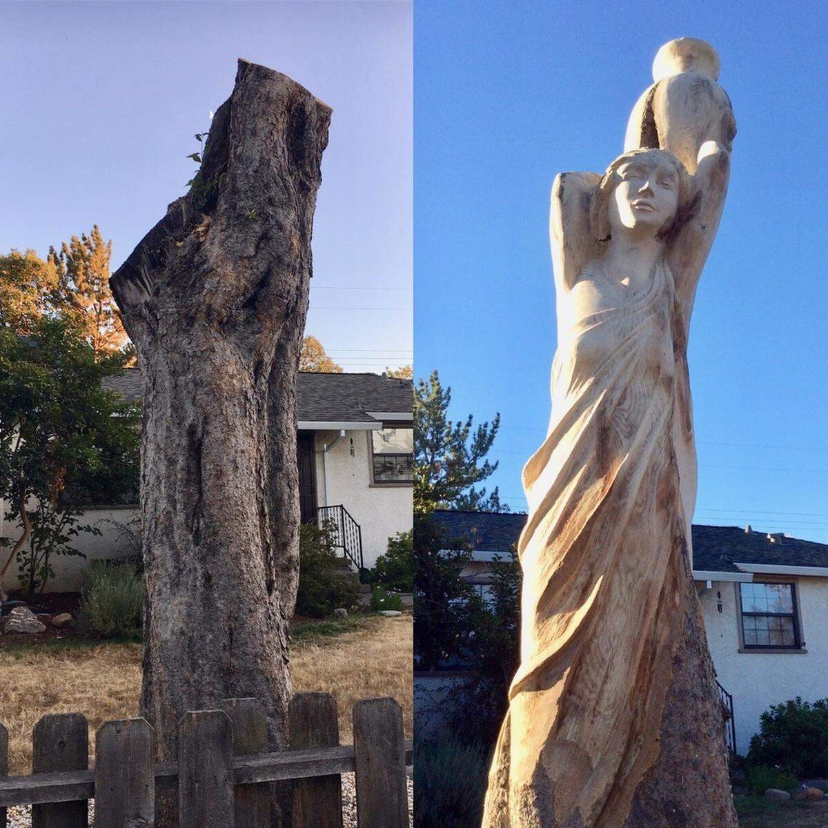 Before and after photos of “Praebet,” a tree sculpture carved by artists Crystal Lockwood and Thomas Hamilton that stands in Jan Tamayo’s front yard in Sacramento’s Tahoe Park neighborhood.