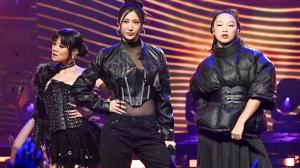 In this image released on December 31, 2025, Rei Ami, Ejae and Audrey Nuna of KPOP Demon Hunters: The Singing Voices of HUNTR/X perform onstage at "Dick Clark's New Year's Rockin' Eve with Ryan Seacrest" 2026.