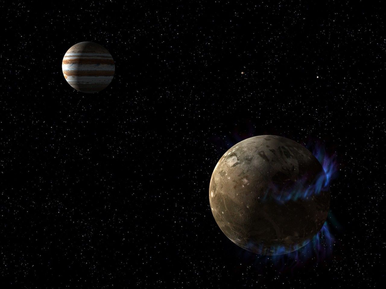 An illustration of the brown moon Ganymede in the foreground with glowing blue auroras while the planet Jupiter with its various red and white stripes is seen in the background