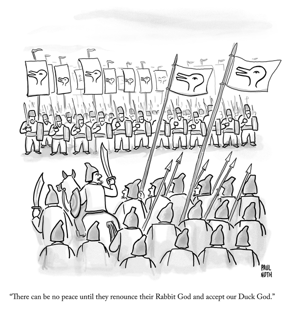 Two groups of soldiers face off, each holding flags—one with a duck symbol, the other with a rabbit. Caption: “There can be no peace until they renounce their Rabbit God and accept our Duck God.”.