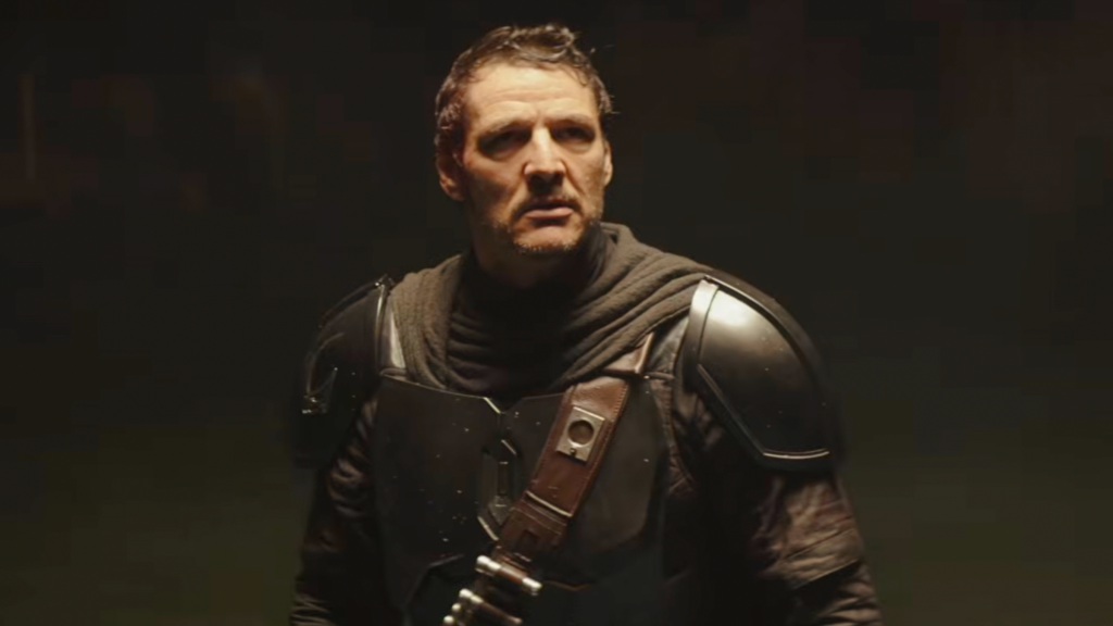 Pedro Pascal as Din Djarin without helmet in The Mandalorian and Grogu