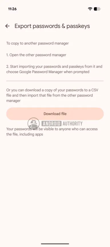 passkey import and export interface within Google Password Manager