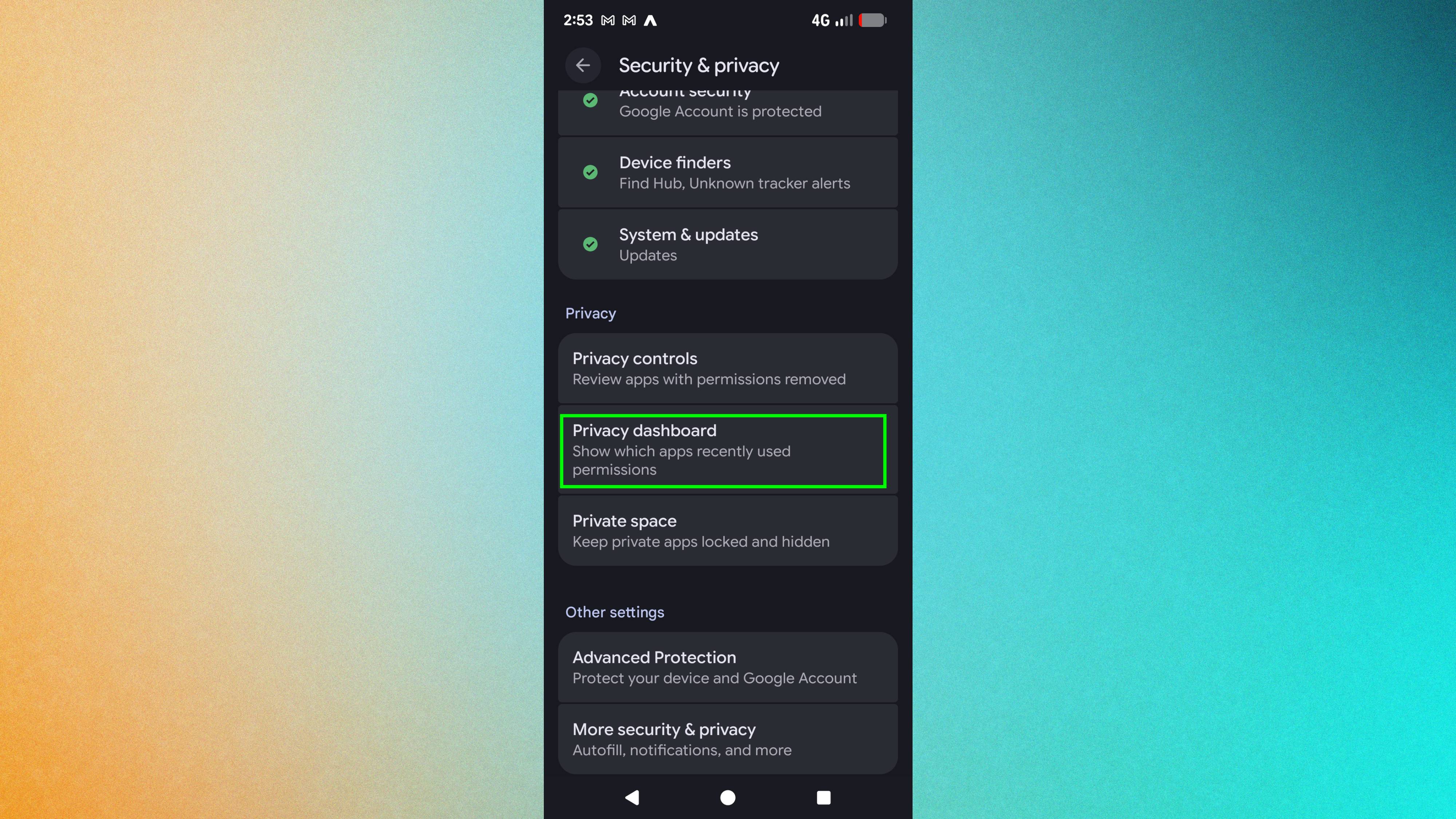 Privacy dashboard highlighted in Google Pixel settings