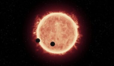 This illustration shows the red dwarf star TRAPPIST-1 and two of its rocky planets. Researchers detected several red dwarfs just like it that have appeared to have eaten their planets, though TRAPPIST-1 isn't one of them. Planetary engulfment is a rare yet possible outcome of normal planetary system evolution. Image Credit: ESA/Hubble. Licence Type: Attribution (CC BY 4.0)
