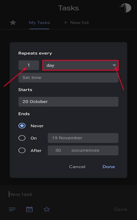 Repeat settings for a task on Google Tasks Android app