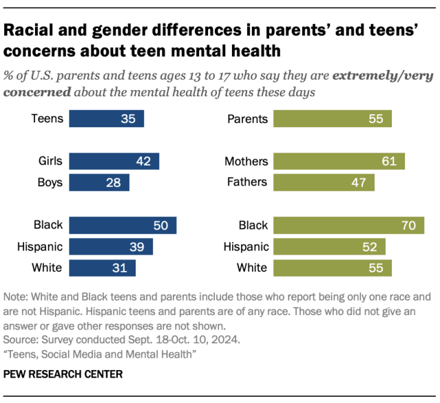A bar chart showing that racial and gender differences in parents' and teens' concerns about teen mental health.