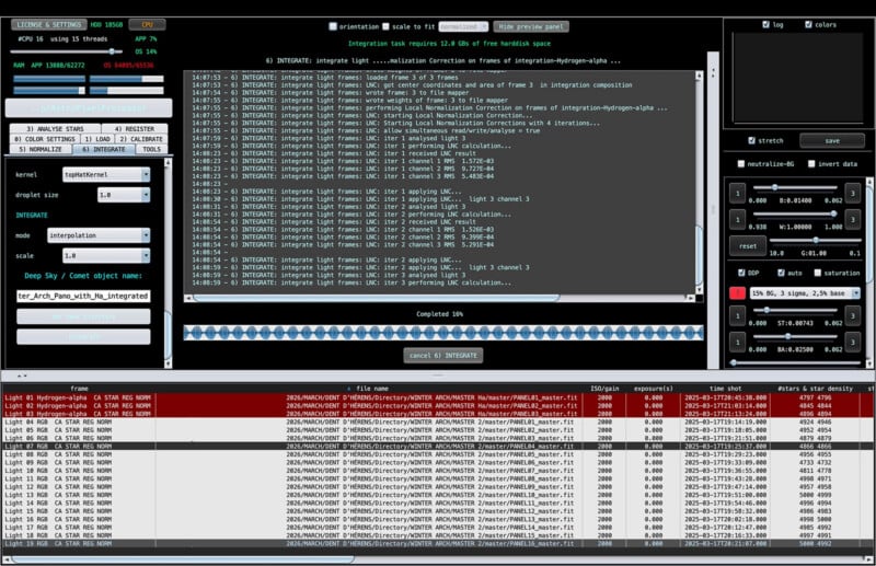 A screenshot of the Siril astronomy software interface displaying script execution results, processing logs, a table of image frames with data, and various control panels on a dark-themed background.