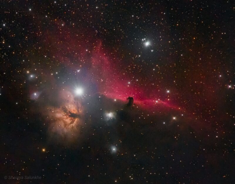 A large complex of reddish nebulosity, with a small dark indentation resembling the head of a horse.