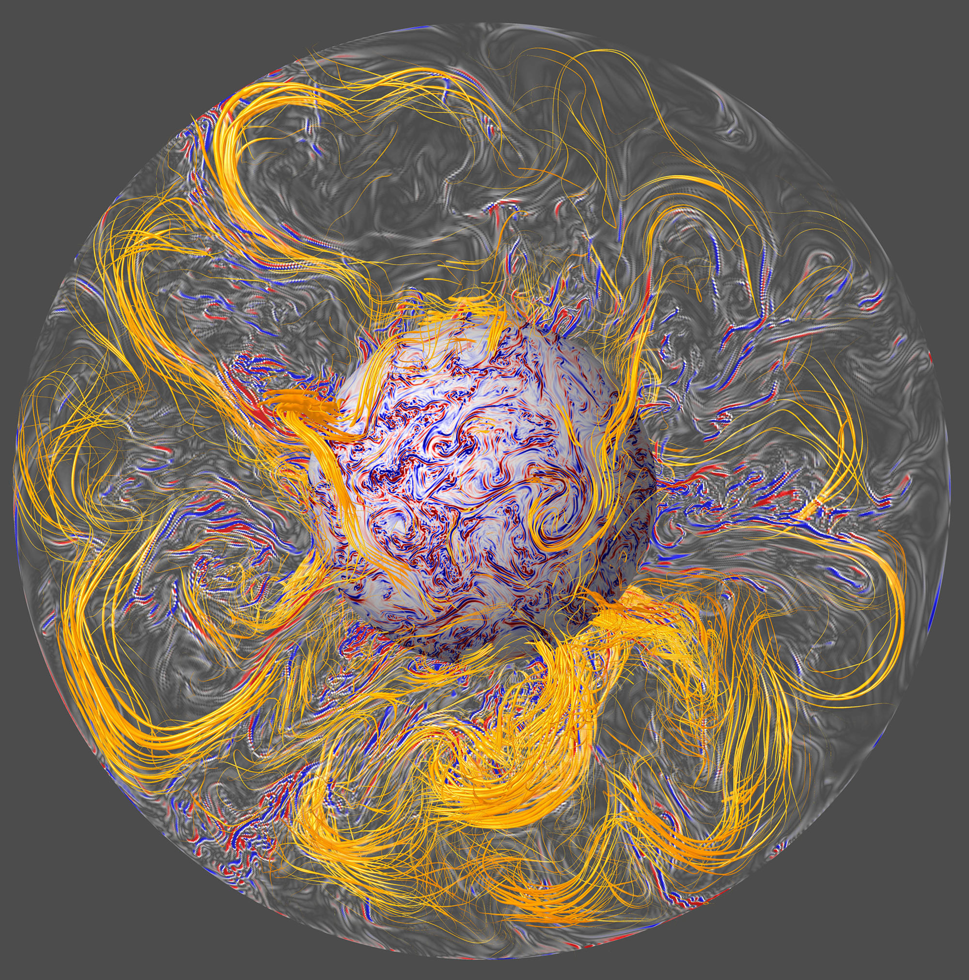 Earth’s core as modelled in a numerical geodynamo simulation as part of research into geomagnetic jerks and rapid hydromagnetic waves. The magnetic field lines (orange) are stretched, twisted and folded by the turbulent convection producing shear of electrically conducting fluid (red and blue). Hydromagnetic waves are triggered when the shear is misaligned with field lines, and propagate along these lines to the surface of the core where they can focus and cause geomagnetic jerks. Credit: Julien Aubert, IPGP/CNRS/CNRS Photothèque