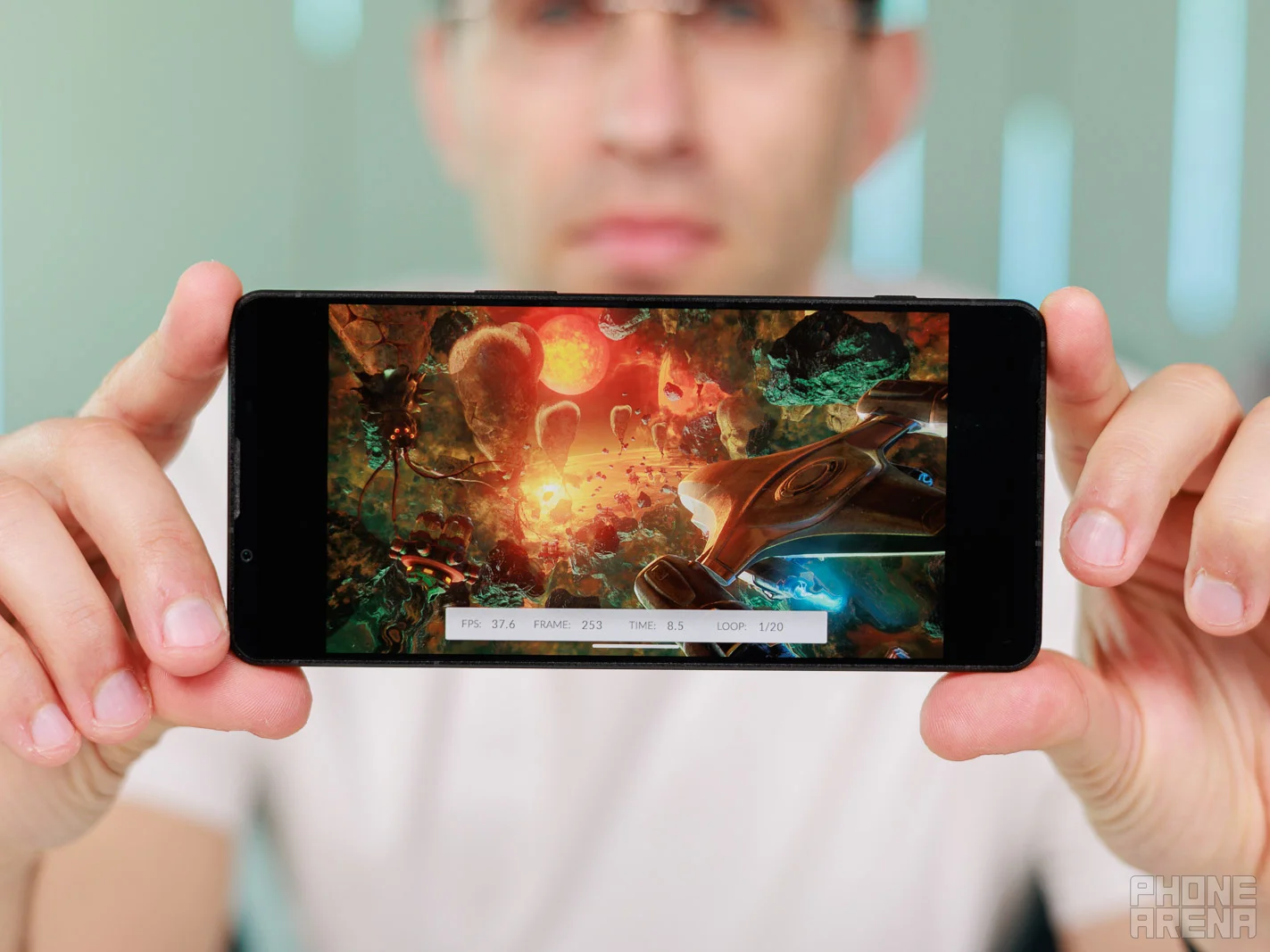 Holding up the Sony Xperia 1 VIII with a game playing
