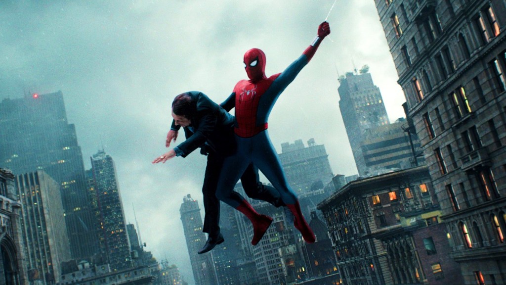 Spider-Man swinging with criminal in Brand New Day