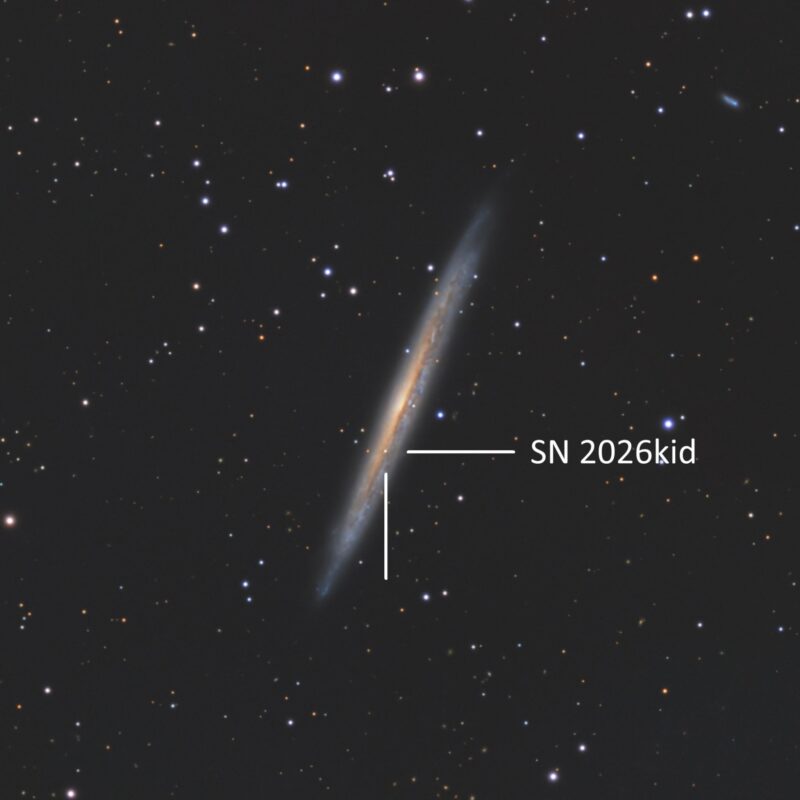 Deep-sky photos: A large and thin, yellowish object with a large white tick mark pointing at a star near the center.