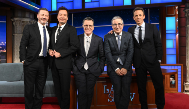 Jimmy Kimmel, Jimmy Fallon, Stephen Colbert, John Oliver and Seth Meyers on 'The Late Show.'