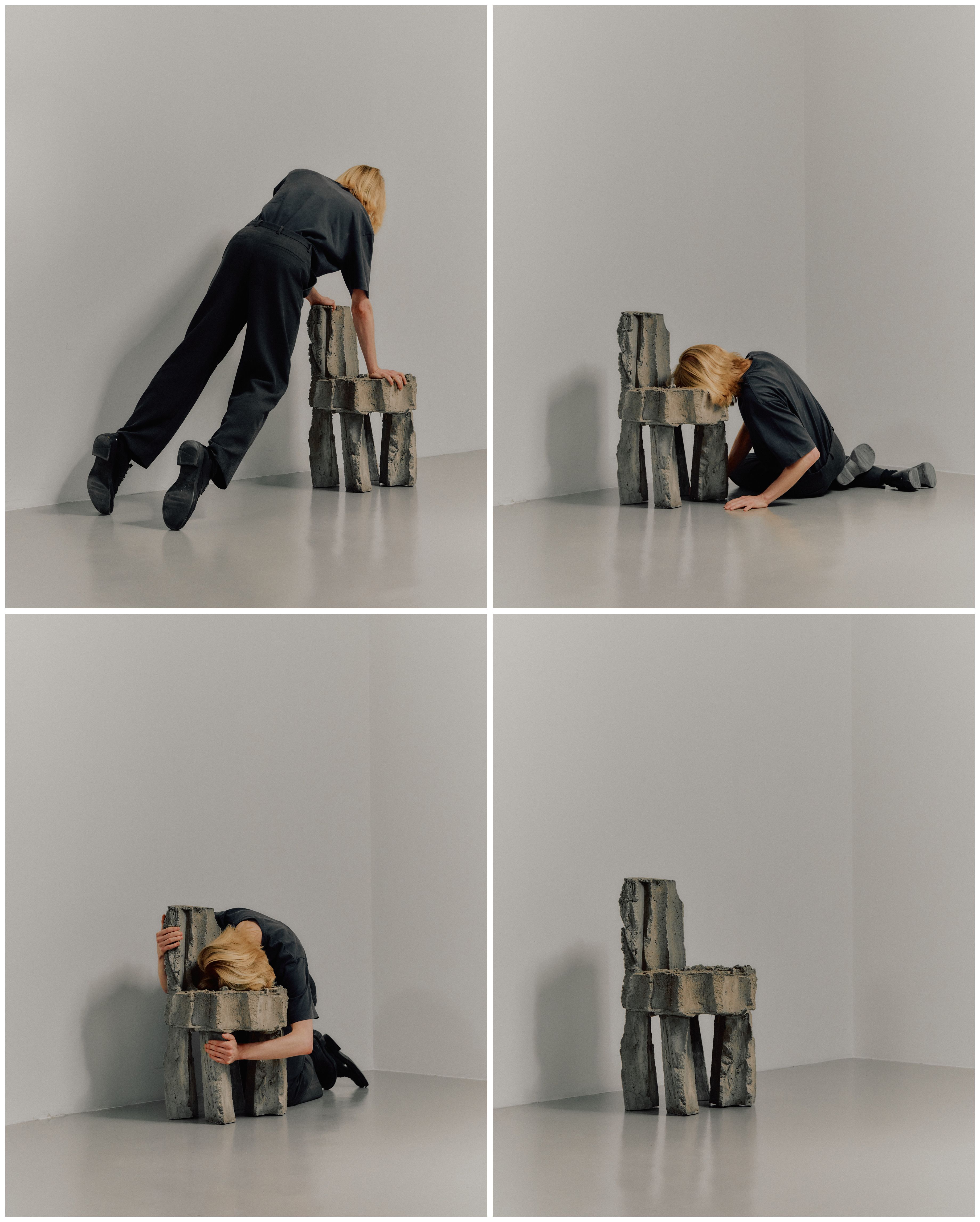 Grid-designed series of images depicting everyday objects within an empty, gray-tinted gallery room, including vases, chairs, and glass bowls.