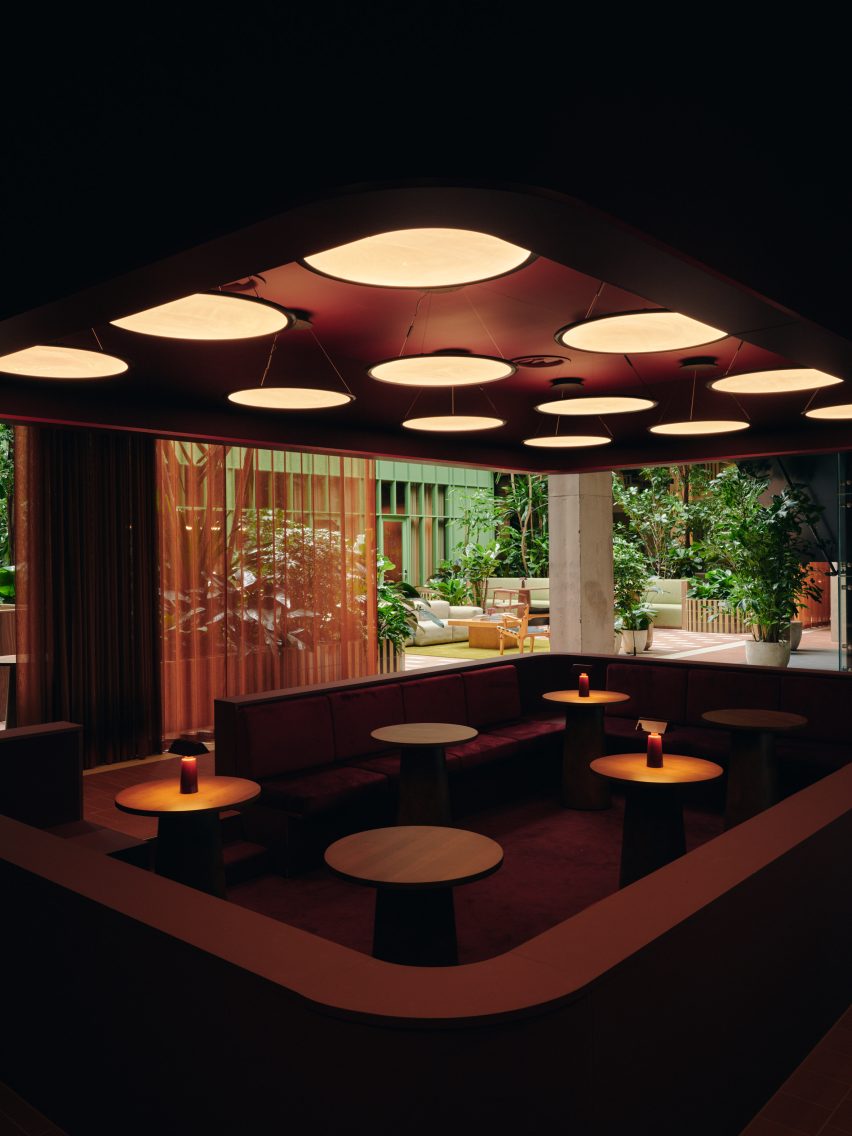 Conversation pit with red seats