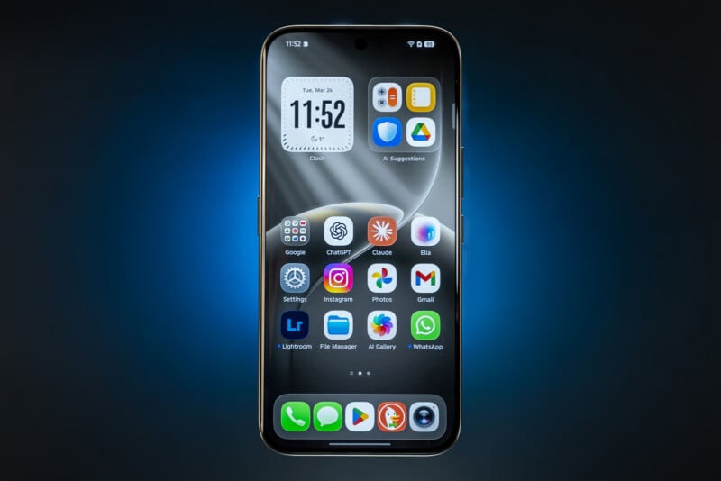 A smartphone with a glowing blue aura displays its home screen, featuring various app icons including Google, ChatGPT, Instagram, Photos, Gmail, and WhatsApp, with the time showing 11:52 at the top.