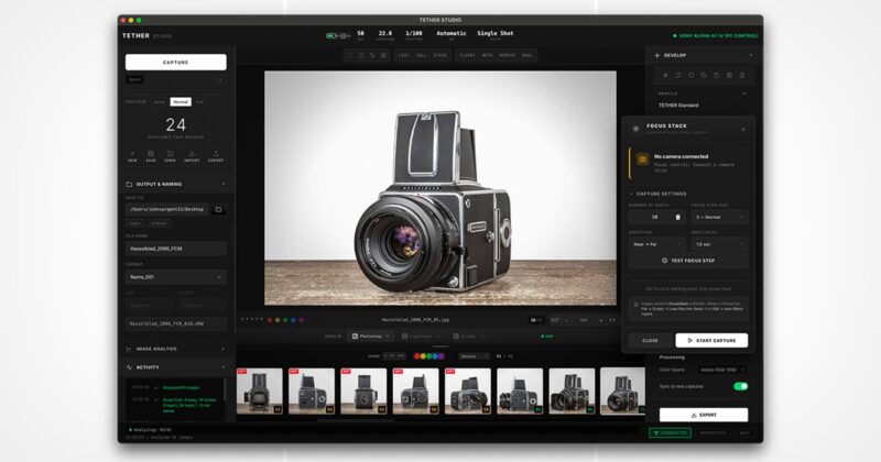 A computer screen displays photography software with a medium format camera as the subject. The interface shows camera controls, settings, and a filmstrip of preview images at the bottom.