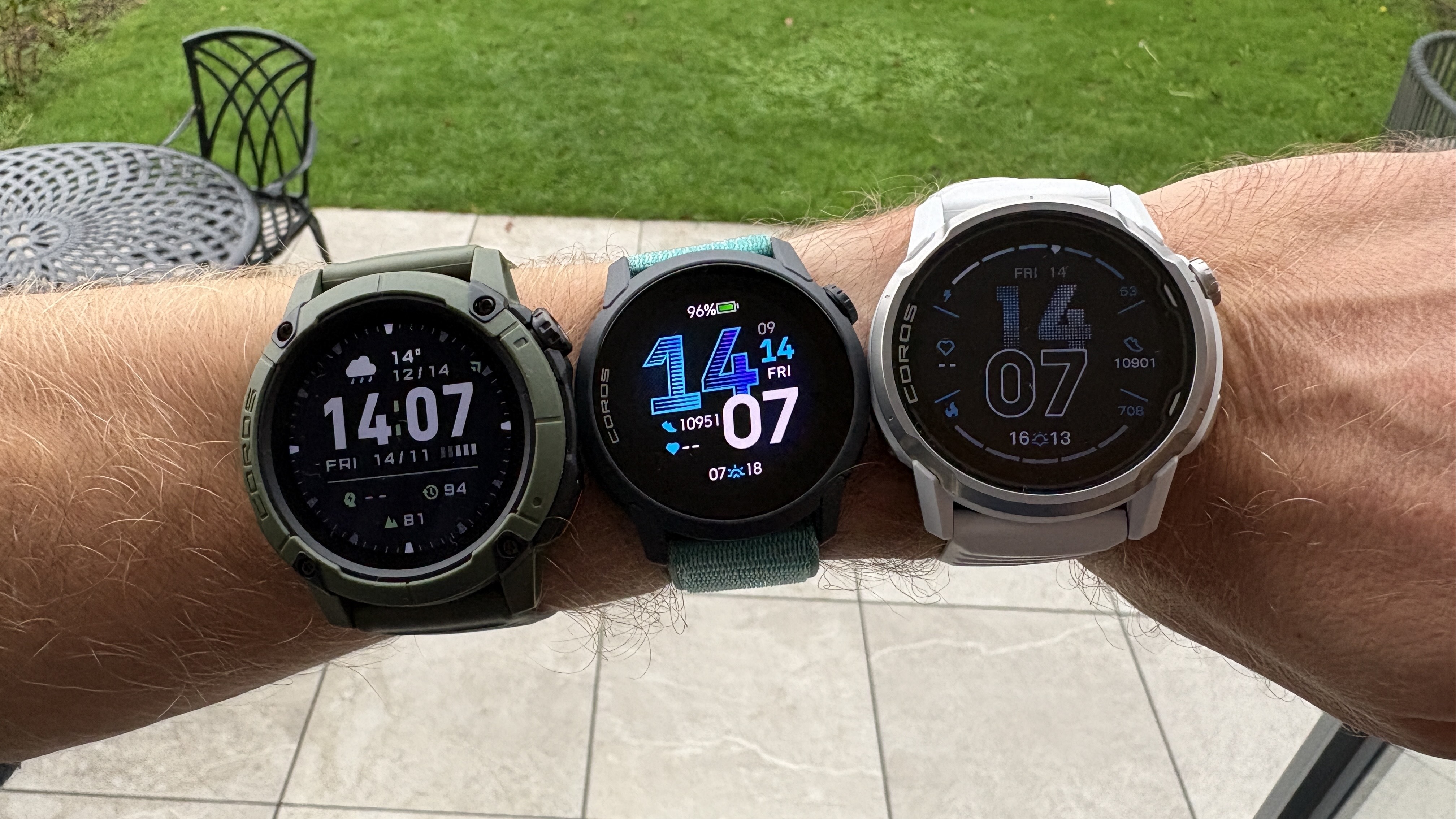 Coros Nomad, Coros Pace 4 and Coros Apex 4 on a man's wrist