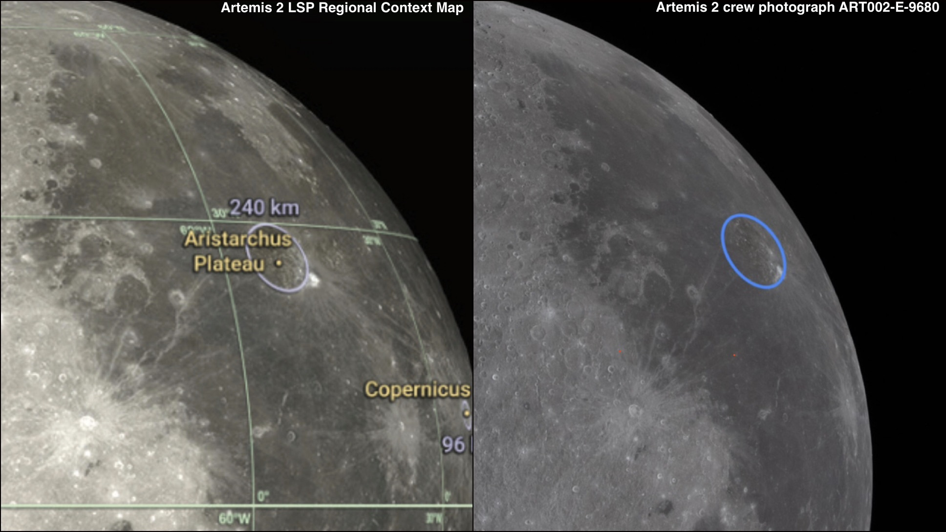 A map image and real image of part of the moon are displayed side-by-side