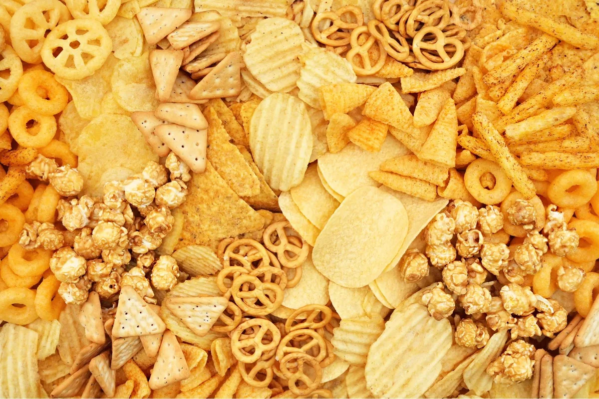 An array of savoury, processed snacks