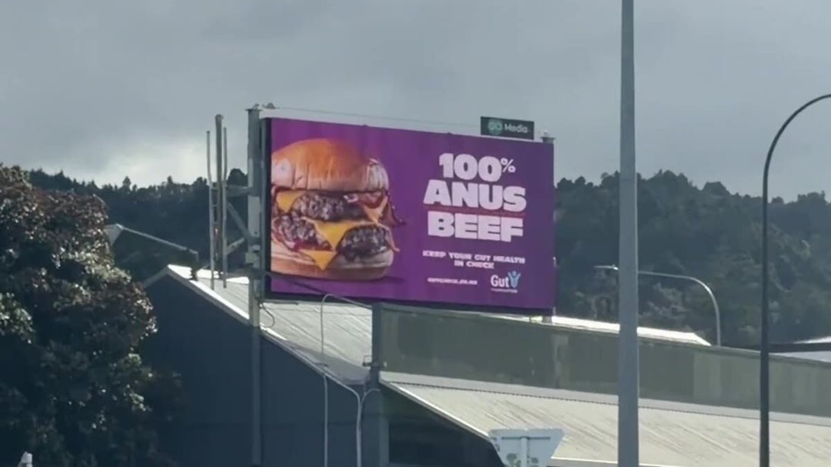 Gut Foundation billboard ’100% Anus Beef’ goes viral in Whangārei