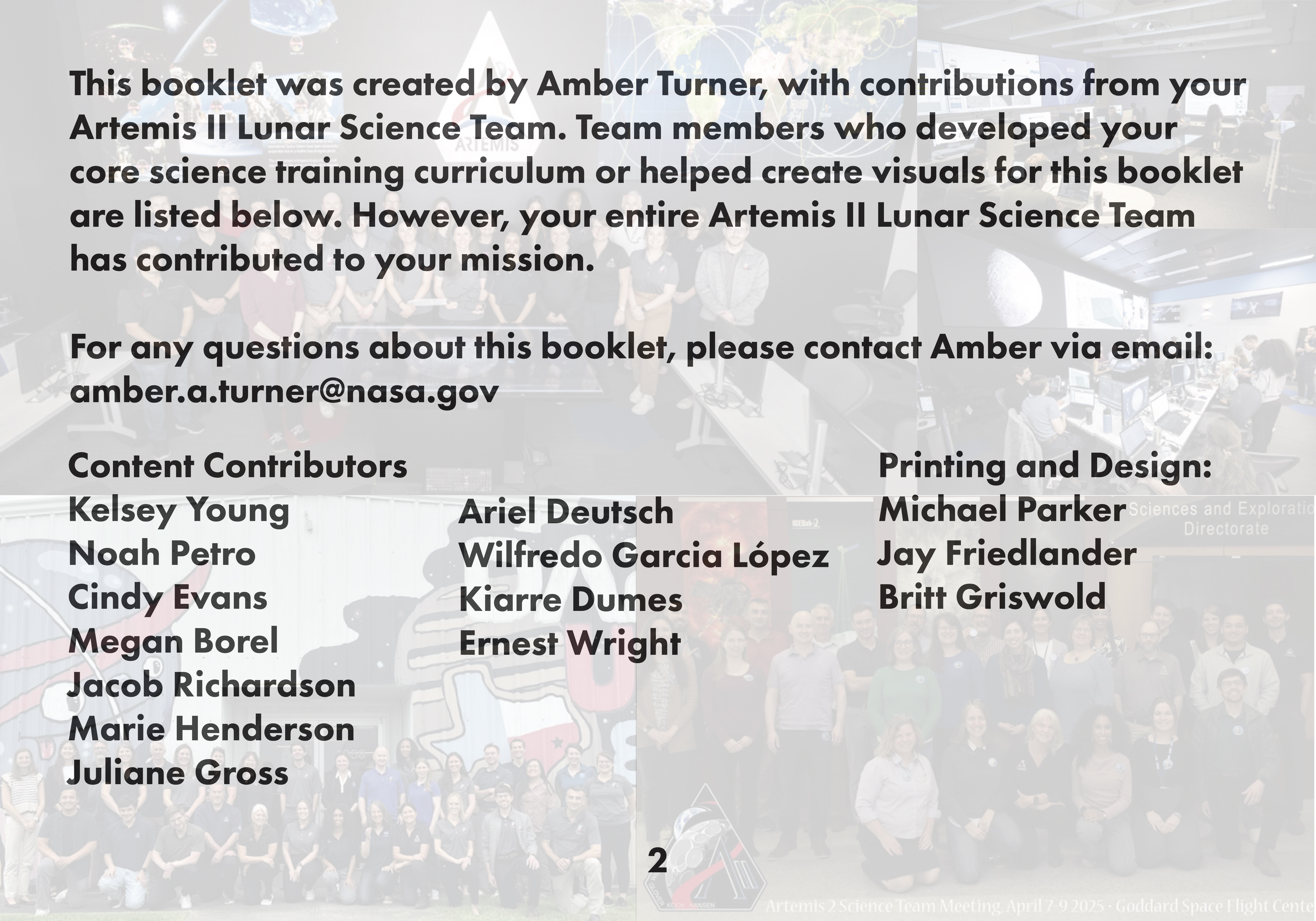 Artemis 2 Lunar Science Passport credits page.