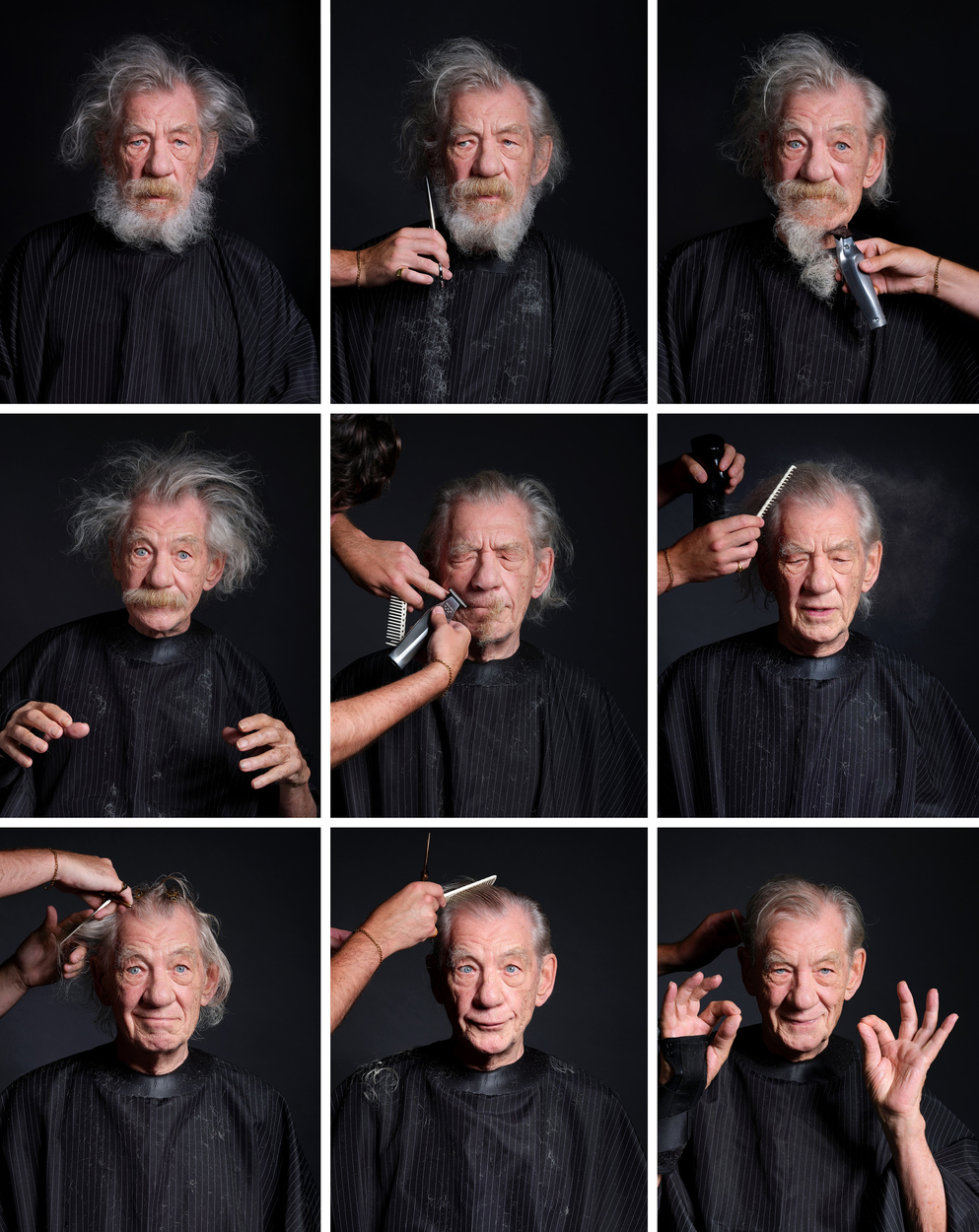 A nine-panel grid of studio portraits showing an elderly man with a full white beard and long grey hair being progressively barbered until clean-shaven and neatly trimmed