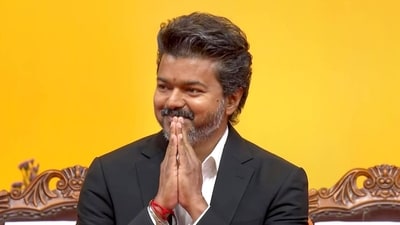 Vijay took oath as the Chief Minister of Tamil Nadu at the Jawaharlal Nehru Stadium, in Chennai on Sunday. (TN DIPR/ANI Video Grab) (TN DIPR)