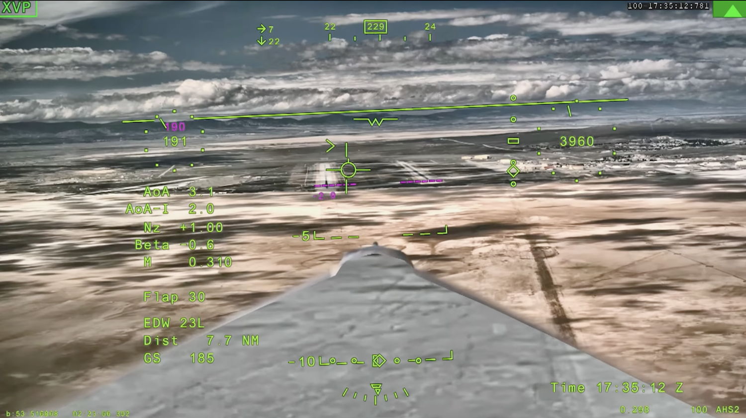 Pilot view in X-59 showing various instrument readings in green font
