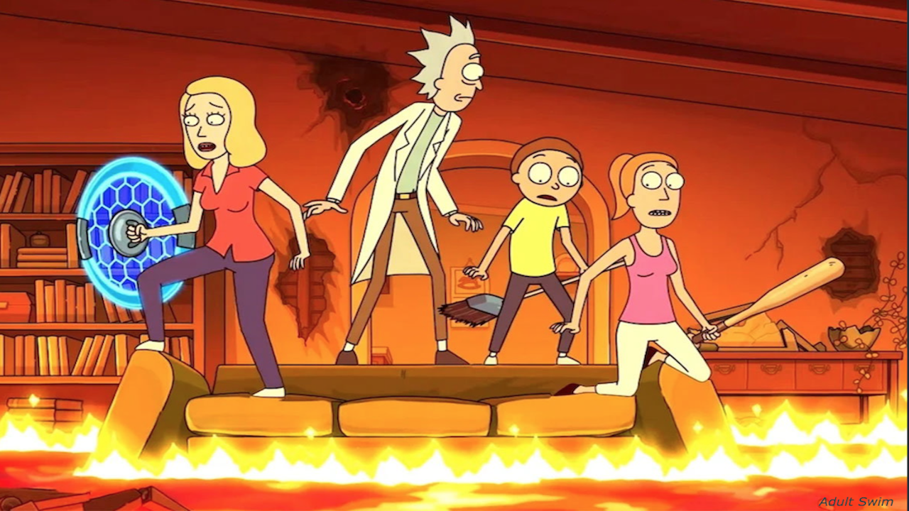 four cartoon characters trying to avoid a fiery floor