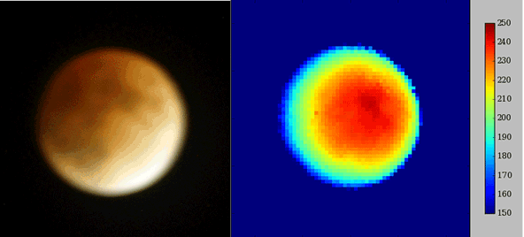 A gif showing the moon moving through its phases with a corresponding infrared map next to it.