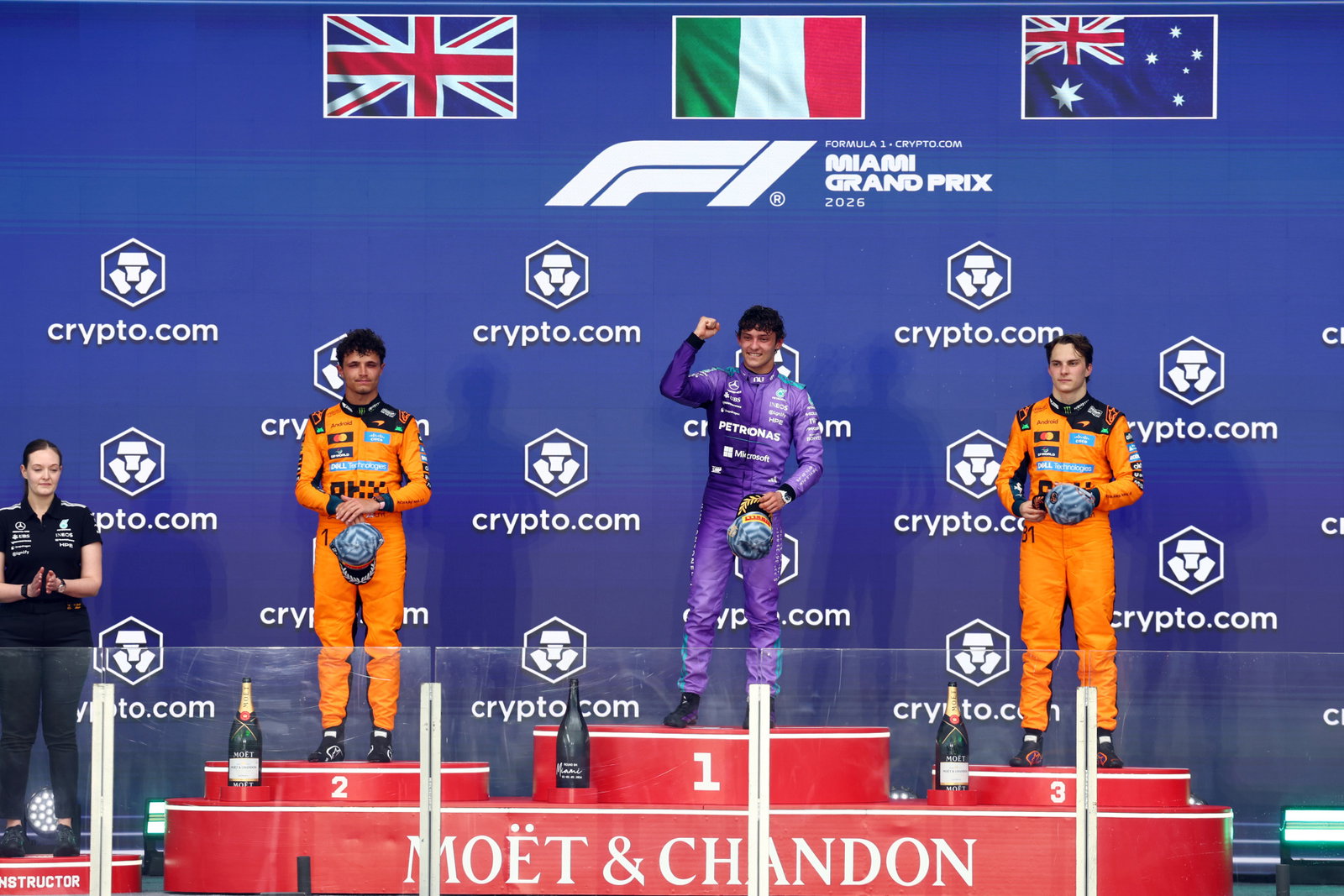 Lando Norris (from left), with Kimi Antonelli and Oscar Piastri on the podium at the Miami Grand Prix.