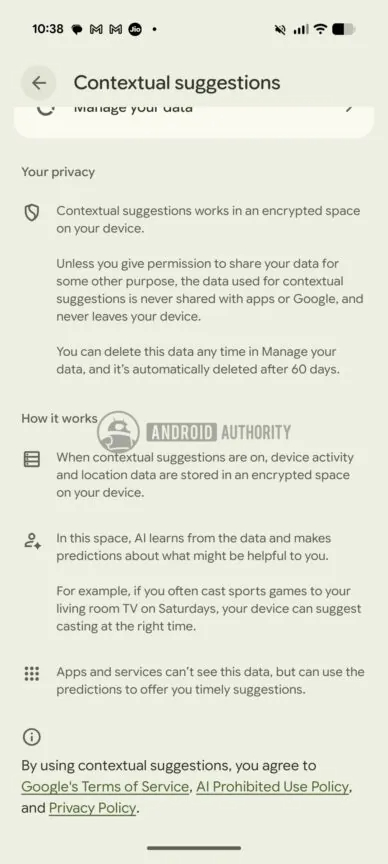 contextual suggestions description page on a Pixel 10