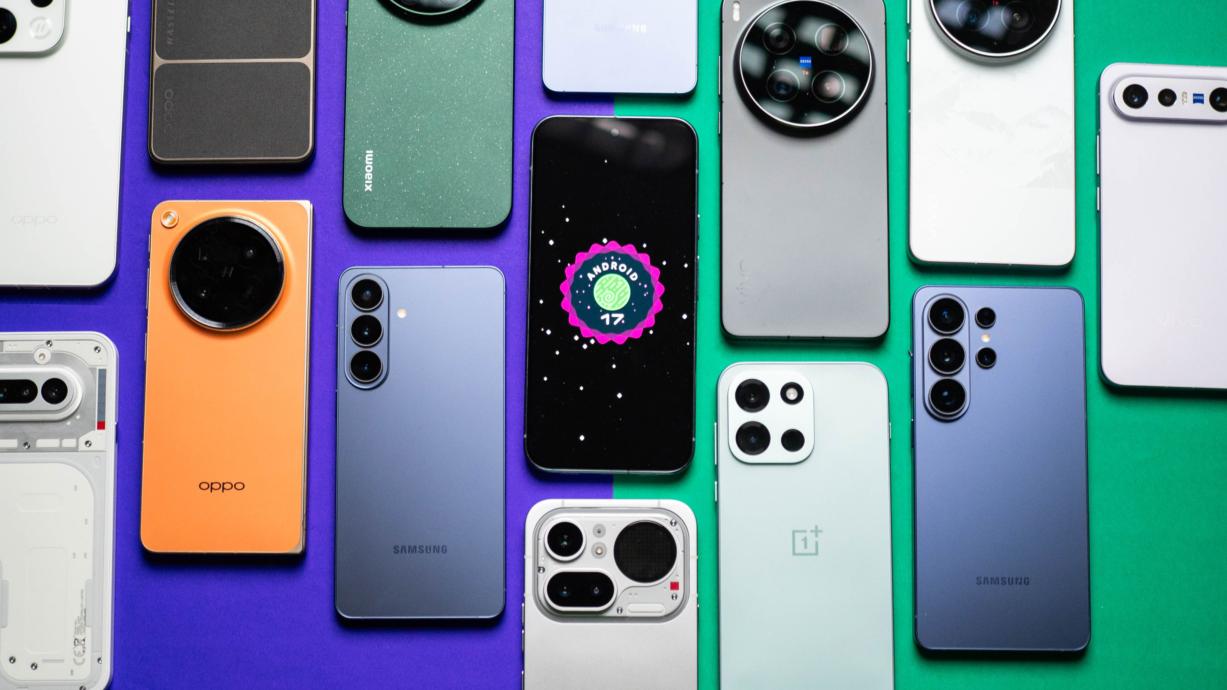 Pile of phones with Pixel 10 Pro XL showing Android 17 logo