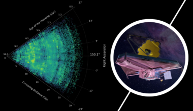 The James Webb Space Telescope is illustrated in front of a greenish blue slice of data.