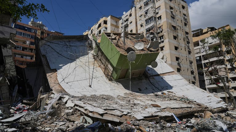 A building destroyed in a previous Israeli airstrike is seen in Dahiyeh, Beirut's southern suburbs, Lebanon, Wednesday, May 6, 2026.