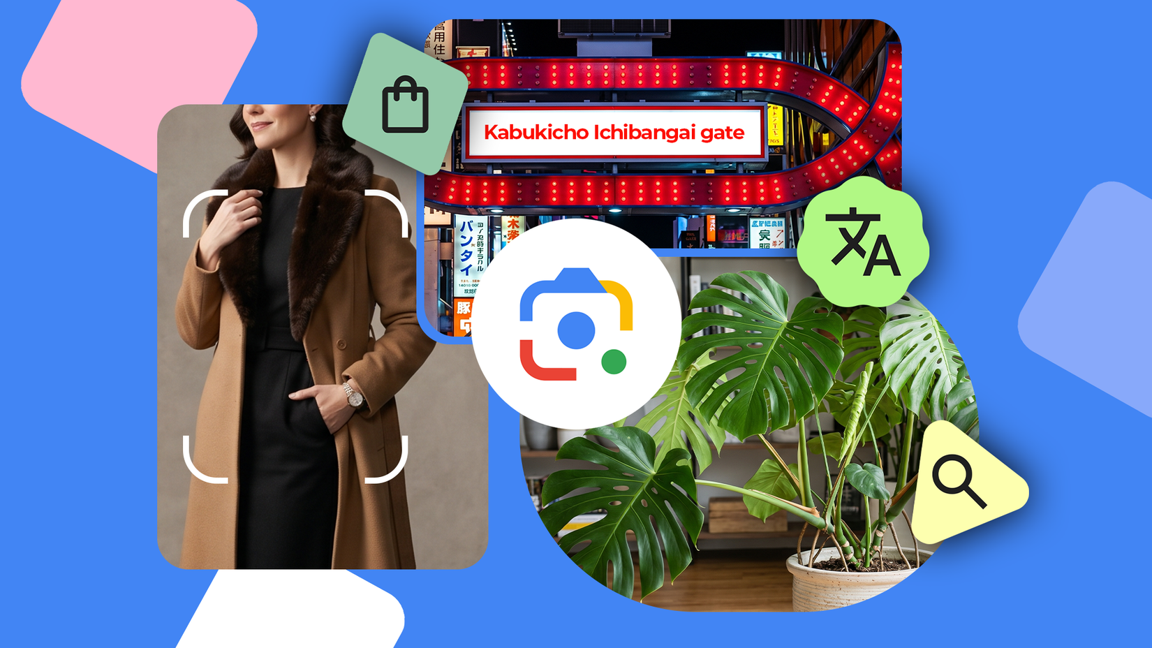 A collage showing Google Lens functions for image, text, shopping, and visual search.