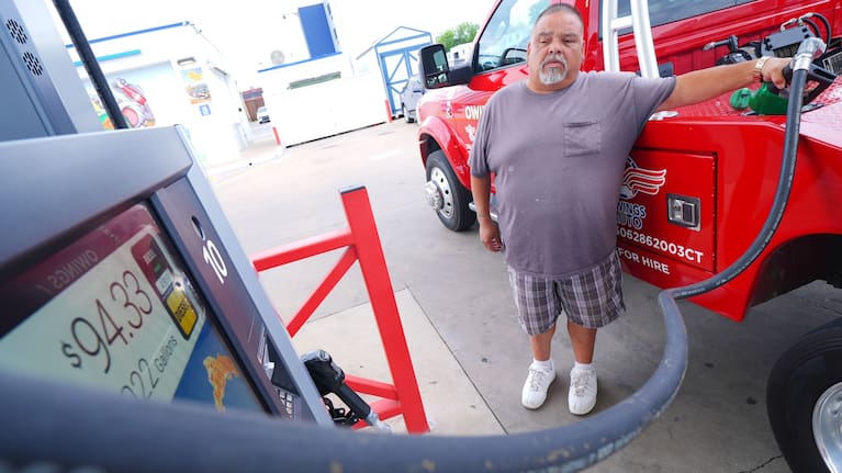 A ticker shows diesel gas charges as James Navarro fuels his tow truck Friday, May 15, 2026, in Arlington, Texas.
