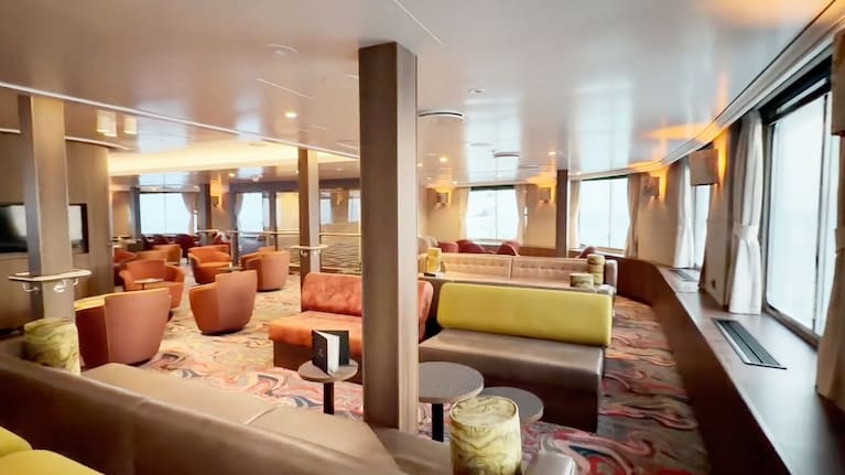 A view of the inside of the Dutch-flagged MV Hondius, a cruise ship carrying nearly 150 people as it remains off Cape Verde on Monday, May 4, 2026 after three passengers died and several others fell seriously ill in a suspected hantavirus outbreak.